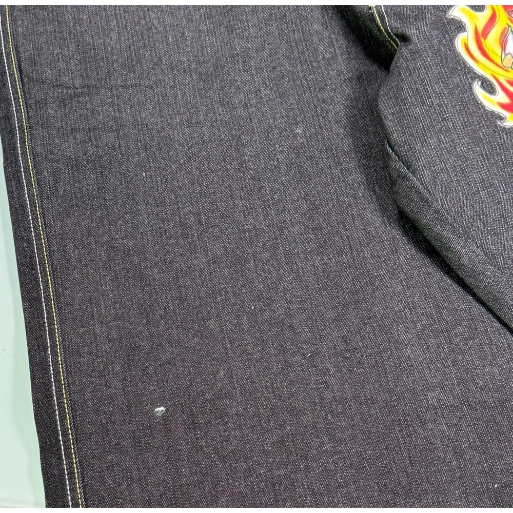 VTG Y2k Raw Blue Jeans Men 42x34 Black Denim Embroidered Embellish Skull Baggy‎